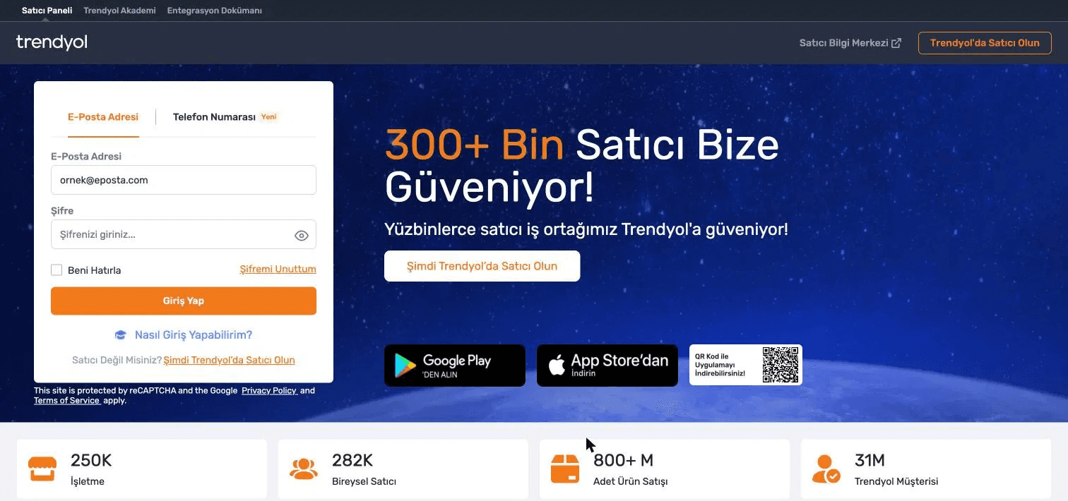 Trendyol satıcı paneli giriş ekranı