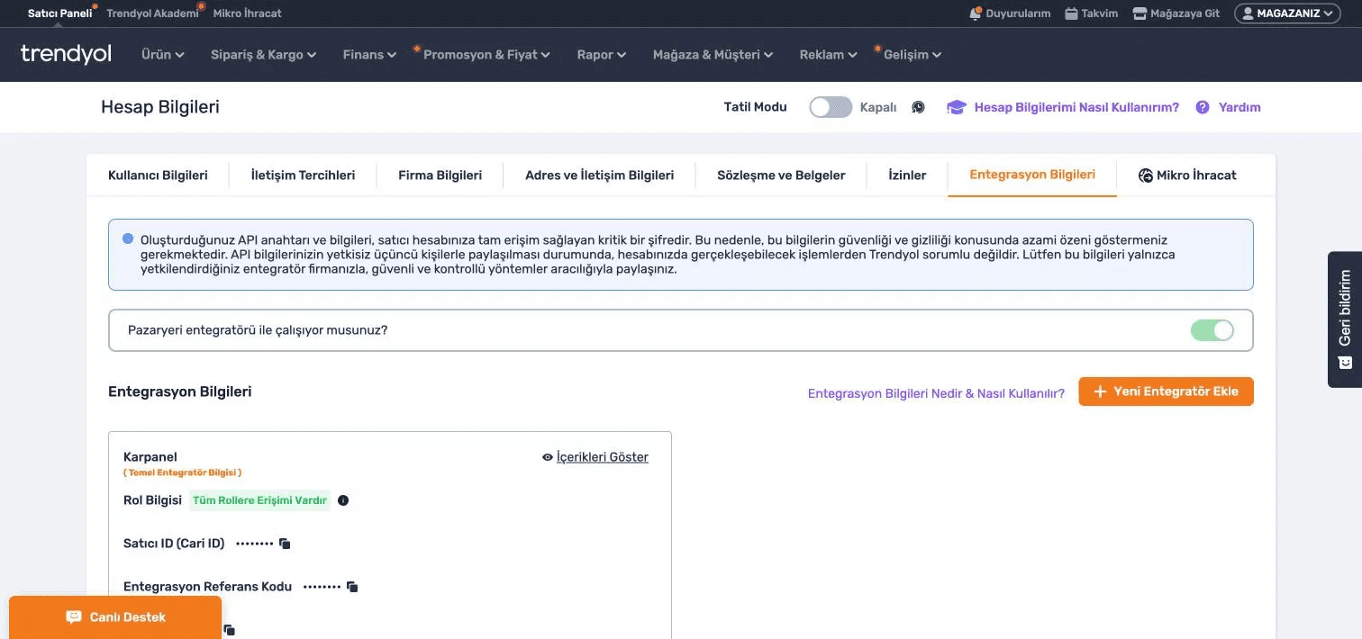 Trendyol Entegrasyon Bilgileri sekmesi ve Yeni Entegratör Ekle düğmesi
