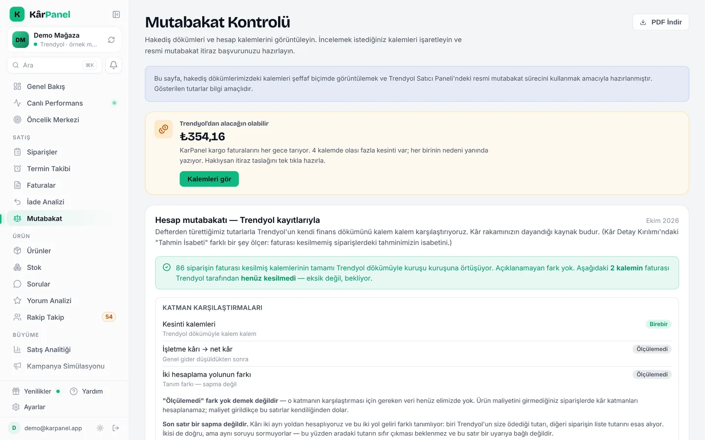 KarPanel mutabakat ekranı — hakediş listesi ve eksik ödeme fark rozetleri